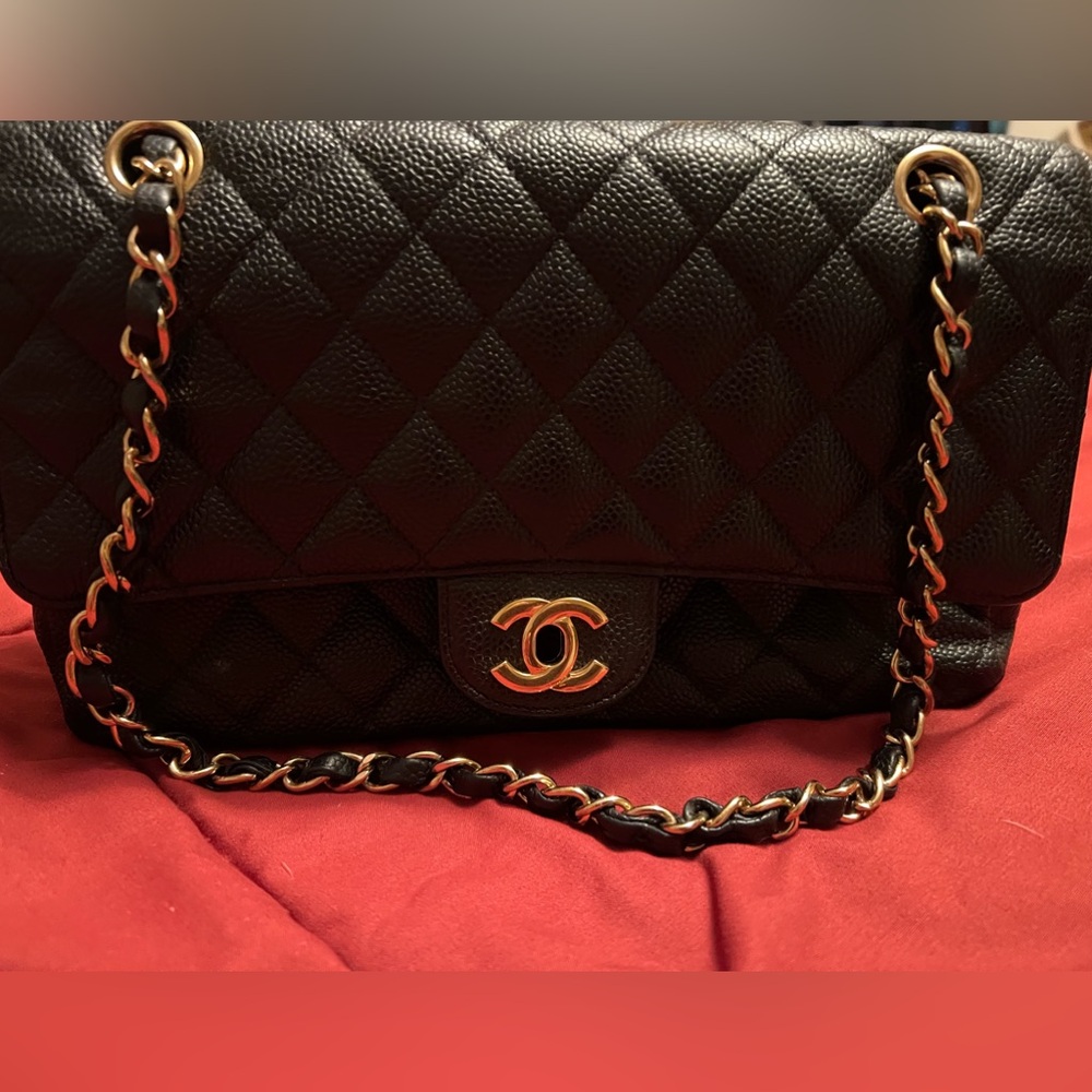 Real Chanel double flap medium caviar leather handbag